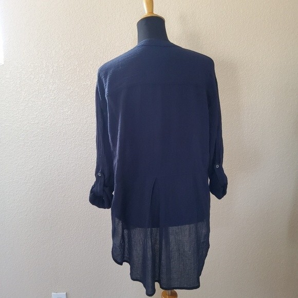 Three Dots Henley Semi Sheer Gauze Tunic Top M Navy Blue New - Picture 16 of 16